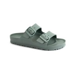 Klapki damskie Birkenstock Arizona Eva Pure Sage. Zielone klapki damskie Birkenstock, bez wzorów, z materiału, bez obcasa. Za 358.00 zł.