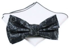 Ciemna Szara Mucha z Białą Poszetką -CHATTIER- Męska, Błękitny Wzór Orientalny. Szare krawaty i muchy męskie Chattier, bez wzorów, eleganckie. Za 59.00 zł.