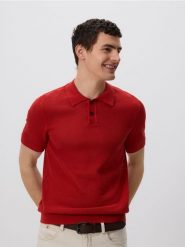 Ażurowy sweter polo - czerwony. Czerwone swetry męskie Reserved, l, w ażurowe wzory, z bawełny, bez kołnierzyka. Za 109.99 zł.