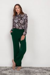 Spodnie z Szerokimi Nogawkami Zapinane na Boku - Zielone. Zielone spodnie materiałowe damskie Lanti, bez wzorów, z materiału, z podwyższonym stanem. Za 229.90 zł.