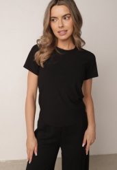 Czarny Gładki T-shirt w Klasycznym Stylu Salodone. Czarne t-shirty damskie Born2be, m, bez wzorów, z jeansu, bez kołnierzyka. Za 39.99 zł.