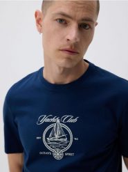 T-shirt regular z merceryzowanej bawełny - granatowy. Niebieskie t-shirty męskie Reserved, l, bez wzorów, z bawełny, bez kołnierzyka. W wyprzedaży za 55.99 zł.
