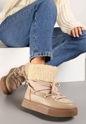 Ciemnobeżowe Śniegowce Futerkowe na Platformie ze Sznurowaną Cholewką Izalithia. Brązowe śniegowce damskie Renee, z futra. Za 99.99 zł.