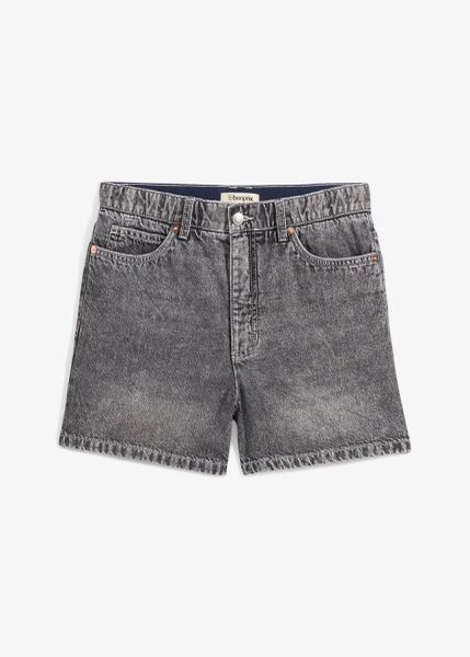 Szorty dżinsowe high waist, low stretch. Niebieskie szorty damskie bonprix, bez wzorów, z denimu, z podwyższonym stanem. Za 112.99 zł.