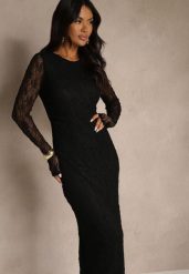 Czarna Koronkowa Sukienka Typu Longsleeve o Dopasowanym Kroju Zenoresa. Czarne sukienki damskie Renee, na imprezę, l, bez wzorów, z koronki, eleganckie, bez kołnierzyka, bez ramiączek, dopasowane. Za 159.99 zł.