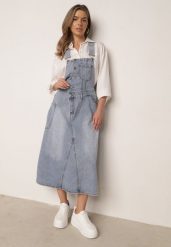 Niebieska Trapezowa Sukienka Jeansowa o Kroju Ogrodniczki z Bawełną Peimellia. Niebieskie sukienki damskie Born2be, na co dzień, l, bez wzorów, z bawełny, bez kołnierzyka, bez ramiączek, koszulowe. Za 189.99 zł.