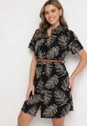 Czarna Koszulowa Sukienka z Bawełny w Liście z Paskiem Eveledia. Czarne sukienki damskie Born2be, na co dzień, na lato, xl, bez wzorów, z bawełny, eleganckie, bez kołnierzyka, bez ramiączek, midi, koszulowe. Za 109.99 zł.