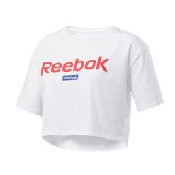 Koszulka sportowa damska Reebok Linear Logo Crop Tee. Białe bluzki sportowe damskie Reebok, bez wzorów, bez ramiączek. Za 116.00 zł.
