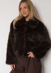 Brązowa Krótka Kurtka Futerko z Kołnierzem Anantia. Brązowe kurtki damskie Born2be, m, bez wzorów, z dzianiny, bez kaptura. Za 209.99 zł.