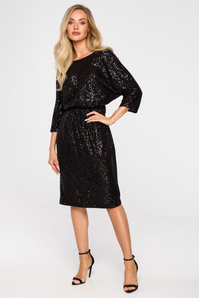 Cekinowa Sukienka Wieczorowa - Czarna. Czarne sukienki damskie MOE, l, bez wzorów, z materiału, wizytowe, bez kołnierzyka, bez ramiączek. Za 434.90 zł.