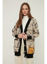 Trendyol Kardigan w kolorze beżowo-czarno-pomarańczowym rozmiar: L/XL. Brązowe kardigany damskie Trendyol, l, bez wzorów, ze splotem. Za 73.93 zł.