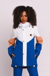 Kurtka narciarska i snowboardowa 1080 - pastelowa brzoskwinia, biel i błękit. Białe kurtki narciarskie i snowboardowe damskie OOSC, xl, bez wzorów, z materiału, z kapturem, narciarskie. Za 1,445.99 zł.