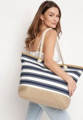 Beżowo-Granatowa Plażowa Torebka Shopper z Rączkami ze Sznurka Wykończona Plecionką Zapinana na Suwak Linneli. Brązowe shopper bag damskie Born2be, bez wzorów, z materiału, bez dodatków. Za 44.99 zł.