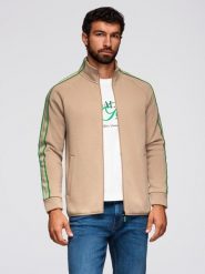 Bluza męska rozpinana z lampasami i wysoką stójką – brązowa V1 - Rozmiar: L. Brązowe bluzy bez kaptura męskie Ombre Clothing, l, z bawełny. Za 209.99 zł.