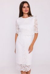 Elegancka ołówkowa dwuczęściowa sukienka koronkowa ecru. Sukienki damskie Stylove, xxl, bez wzorów, z koronki, eleganckie, bez kołnierzyka, bez ramiączek, ołówkowe. Za 449.00 zł.