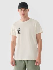 4F T-shirt regular z nadrukiem męski - beżowy M. Brązowe t-shirty męskie 4f, m, bez wzorów, z bawełny, bez kołnierzyka. W wyprzedaży za 29.99 zł.
