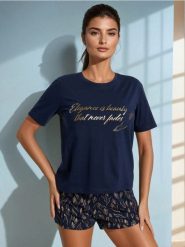 Piżama dwuczęściowa ze wzorem - granatowy. Niebieskie piżamy damskie Sinsay, l, bez wzorów, bez ramiączek. Za 39.99 zł.