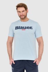 BLAUER Błękitny męski t-shirt z dużym logo. Niebieskie t-shirty męskie Blauer USA, l, bez wzorów, bez kołnierzyka. W wyprzedaży za 129.99 zł.