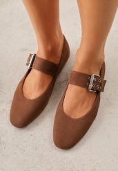 Jasnobrązowe Balerinki Vices w Stylu Mary Jane ze Skórzaną Wkładką Rilaneia. Brązowe baleriny damskie Renee, bez wzorów, z jeansu, bez obcasa. Za 69.99 zł.