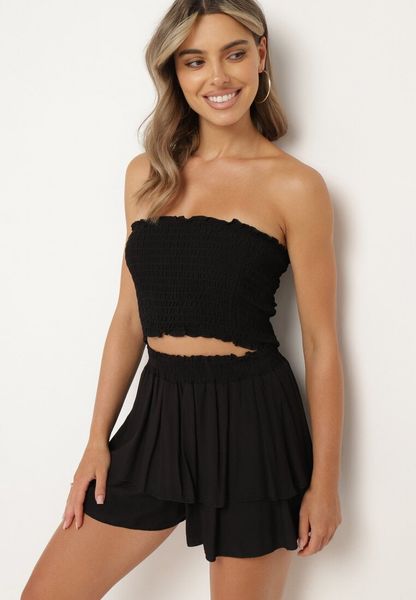 Czarny Bawełniany Komplet Krótki Top bez Ramiączek Szorty z Gumką w Pasie i Falbanką Tesmara. Czarne szorty damskie Born2be, bez wzorów, z bawełny. Za 49.99 zł.