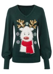 Sweter bożonarodzeniowy. Zielone swetry klasyczne damskie bonprix, bez kołnierzyka. Za 159.99 zł.