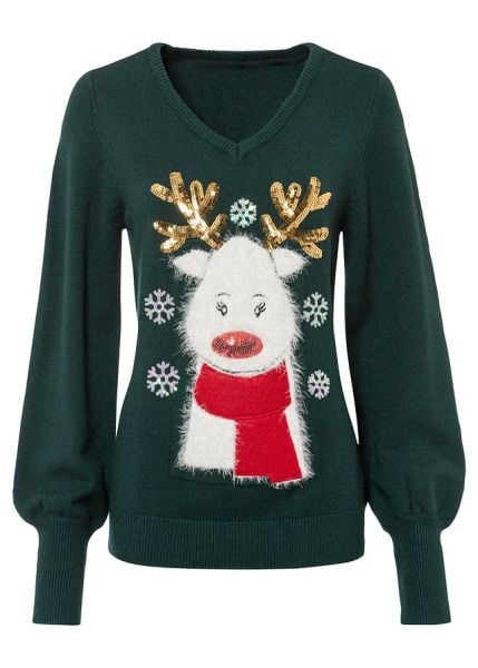 Sweter bożonarodzeniowy. Zielone swetry klasyczne damskie bonprix, bez kołnierzyka. Za 159.99 zł.