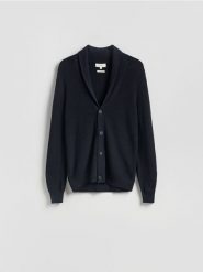 Kardigan z wełną - granatowy. Niebieskie kardigany męskie Reserved, l, bez wzorów, z dzianiny, bez kołnierzyka. Za 239.99 zł.