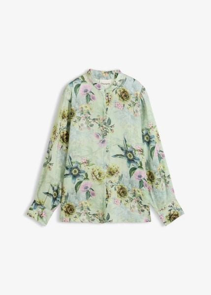 Bluzka z falbanką z chłodzącej ramii. Zielone bluzki damskie bonprix, bez wzorów, bez kołnierzyka, bez ramiączek. Za 249.99 zł.