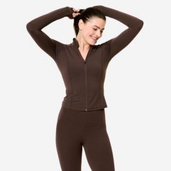 Bluza na zamek damska Domyos fitness. Brązowe bluzy bez kaptura damskie DOMYOS, xl, z elastanu. Za 159.99 zł.