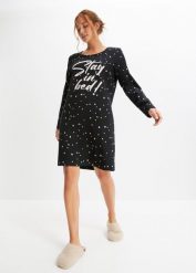 Koszula nocna z długim rękawem, z bawełny organicznej. Czarne koszule nocne damskie bonprix, bez wzorów, z bawełny. Za 74.99 zł.