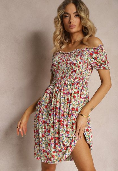 Biało-Różowa Hiszpanka Sukienka z Wiskozy w Kwiatowy Wzór z Gumką w Pasie Silemia. Białe sukienki damskie Renee, na co dzień, l, bez wzorów, z wiskozy, eleganckie, bez kołnierzyka, bez ramiączek, mini, proste. Za 49.99 zł.