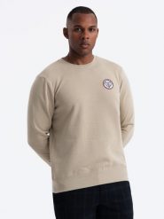 Nierozpinana dresowa bluza męska z naszywką w stylu college – piaskowa V3 OM-SSNZ-0134 - XXL. Bluzy bez kaptura męskie Ombre Clothing, l, z bawełny. W wyprzedaży za 79.99 zł.