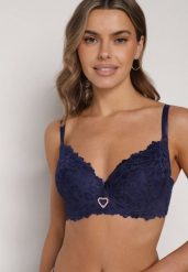 Granatowy Biustonosz z Koronką i Sercem z Cyrkonii Coratune. Niebieskie biustonosze Born2be, bez wzorów, z jeansu. Za 39.99 zł.