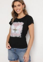 Czarny Bawełniany T-shirt z Nadrukiem Motyla i Cyrkoniami Uliriela. Czarne t-shirty damskie Born2be, l, bez wzorów, z bawełny, bez kołnierzyka. Za 34.99 zł.