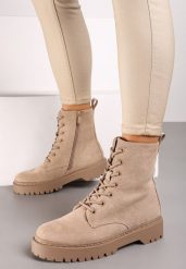 Ciemnobeżowe Botki Workery na Płaskiej Podeszwie Ozdobione Brokatem Lilitia. Brązowe botki damskie Renee, na jesień, eleganckie, z okrągłym noskiem, bez obcasa, na płaskiej podeszwie, bez zapięcia. Za 139.99 zł.
