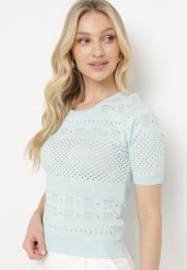 Miętowa Ażurowa Bluzka z Krótkim Rękawem Alirada. Zielone bluzki damskie Born2be, s, w ażurowe wzory, bez kołnierzyka, bez ramiączek. Za 64.99 zł.