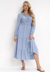 Niebieska Rozkloszowana Sukienka z Koronką Brightyn. Niebieskie sukienki damskie Born2be, na imprezę, l, z aplikacjami, z koronki, bez kołnierzyka, bez ramiączek, maxi, rozkloszowane. W wyprzedaży za 87.99 zł.