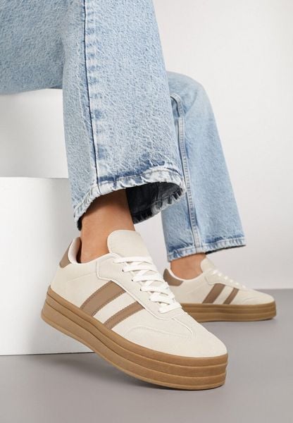 Beżowe Sneakersy Typu Kultowe Tenisówki na Grubej Podeszwie Nalorela. Brązowe trampki i tenisówki damskie Born2be, bez wzorów, z jeansu. Za 99.99 zł.