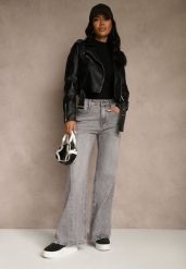 Szare Szerokie Jeansy z Bawełny High Waist Ozdobione Przetarciami Orryna. Szare jeansy damskie Renee, z podwyższonym stanem. Za 119.99 zł.