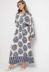 Niebieska Wiskozowa Sukienka Oversize w Etniczny Wzór z Wiązanym Paskiem Florseki. Niebieskie sukienki damskie Born2be, na co dzień, m, bez wzorów, z wiskozy, eleganckie, bez kołnierzyka, bez ramiączek, maxi, oversize. Za 109.99 zł.