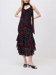 Wzorzysta sukienka z szalem - czarny. Czarne sukienki damskie Reserved, na co dzień, l, bez wzorów, z tkaniny, bez kołnierzyka, bez ramiączek, proste. Za 199.99 zł.