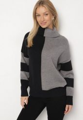 Czarno-Szary Golf z Geometrycznym Wzorem w Paski Eminerria. Czarne golfy damskie Born2be, z aplikacjami, z jeansu, bez ramiączek. Za 89.99 zł.