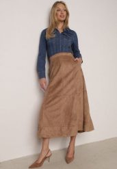 Beżowa Rozkloszowana Spódnica z Imitacji Zamszu Basara. Brązowe spódniczki damskie Born2be, l, bez wzorów, z materiału, biznesowe, midi, koszulowe. Za 179.99 zł.