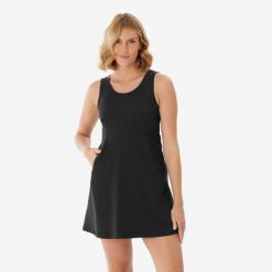 Sukienka turystyczna damska Quechua Exploor. Czarne sukienki damskie QUECHUA, s, bez wzorów, z materiału, sportowe, bez kołnierzyka, bez ramiączek, koszulowe. Za 79.99 zł.