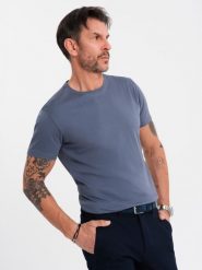 T-shirt męski klasyczny bawełniany BASIC - niebieski denim V7 OM-TSBS-0236 - XXL. Niebieskie t-shirty męskie Ombre Clothing, l, bez wzorów, z bawełny, bez kołnierzyka. W wyprzedaży za 39.99 zł.