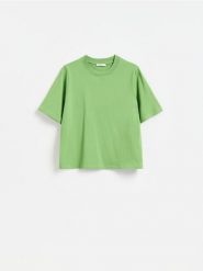 T-shirt z bawełną - zielony. Zielone t-shirty damskie Reserved, l, bez wzorów, z bawełny, bez kołnierzyka. Za 59.99 zł.