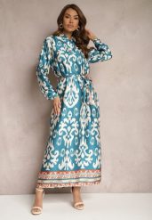 Niebieska Pudełkowa Sukienka Satynowa z Paskiem w Talii w Ornamentalny Print Tarosa. Niebieskie sukienki damskie Renee, l, bez wzorów, z materiału, bez kołnierzyka, bez ramiączek, maxi. W wyprzedaży za 104.99 zł.