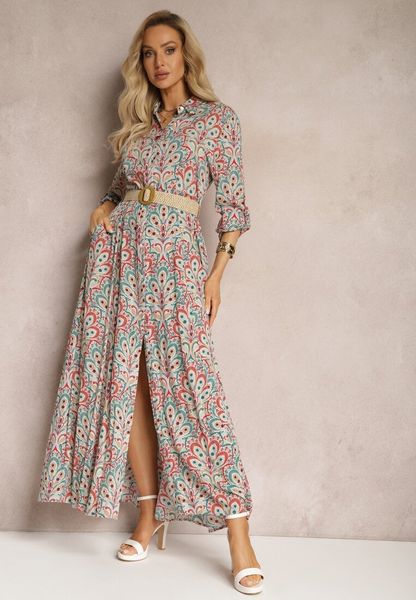 Zielono-Czerwona Koszulowa Sukienka z Dodatkowym Paskiem i Podpinanymi Rękawami Alonie. Czerwone sukienki damskie Renee, l, bez wzorów, bez kołnierzyka, bez ramiączek, maxi, koszulowe. Za 129.99 zł.