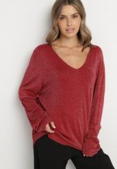 Bordowy Wiskozowy Sweter o Pudełkowym Kroju z Metaliczną Nitką Essmia. Czerwone swetry klasyczne damskie Born2be, plus size, z dzianiny, bez kołnierzyka, plus size. Za 79.99 zł.
