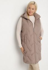 Ciemnobeżowa Pikowana Kamizelka z Kapturem i Kieszeniami Esarivie. Brązowe kamizelki damskie Born2be, plus size, z jeansu. Za 149.99 zł.